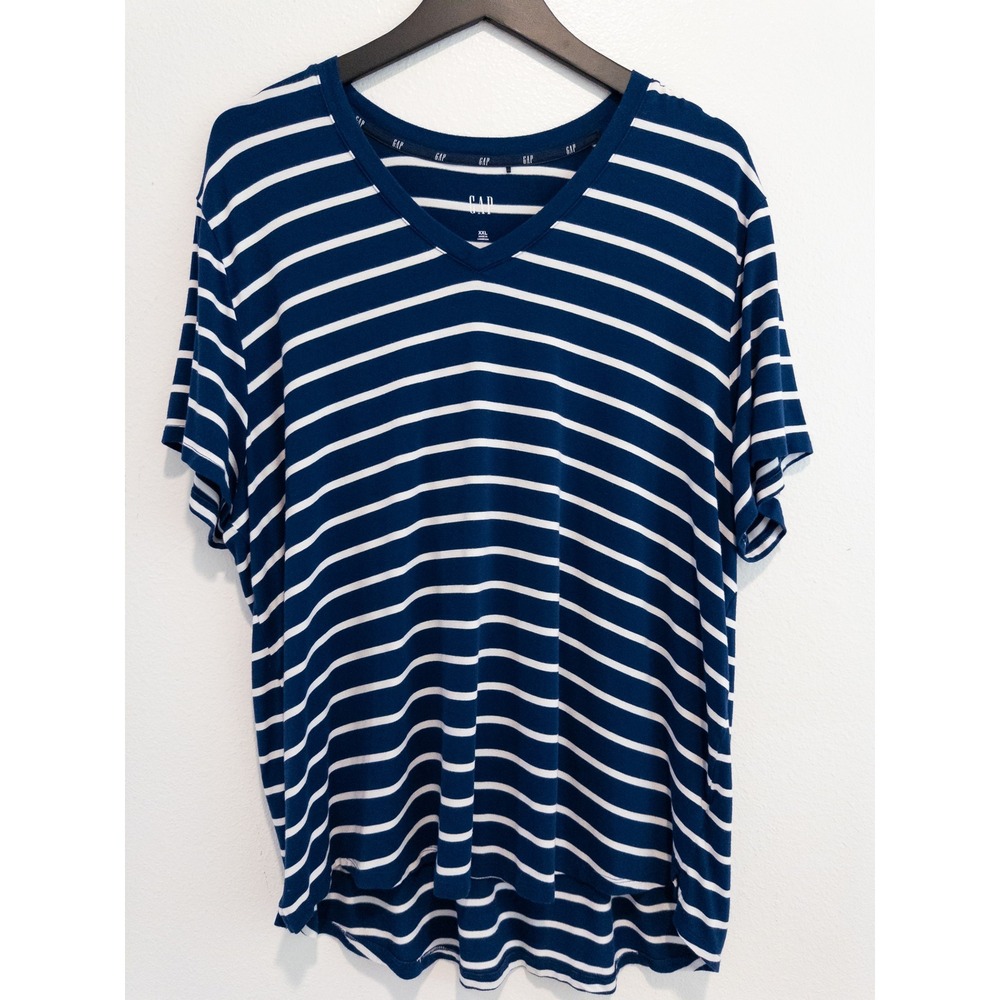 GAP Striped V-Neck Tee Women XXL Nautical Coastal Grandma Preppy